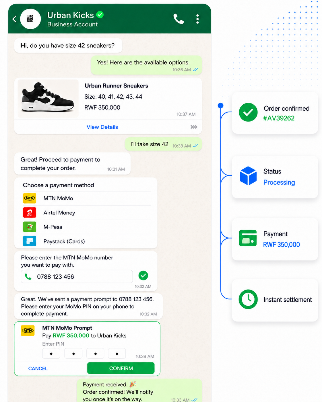 WhatsApp chat turning into a paid order, with order, payment and settlement status cards